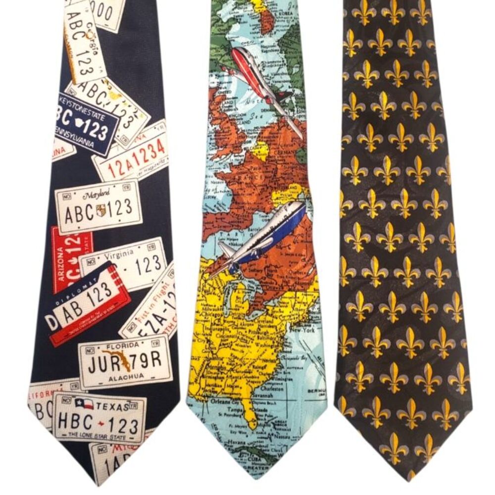 Travel Airplane License Plates French Tie #70B - Lot of 3 Novelty Neckties NWT